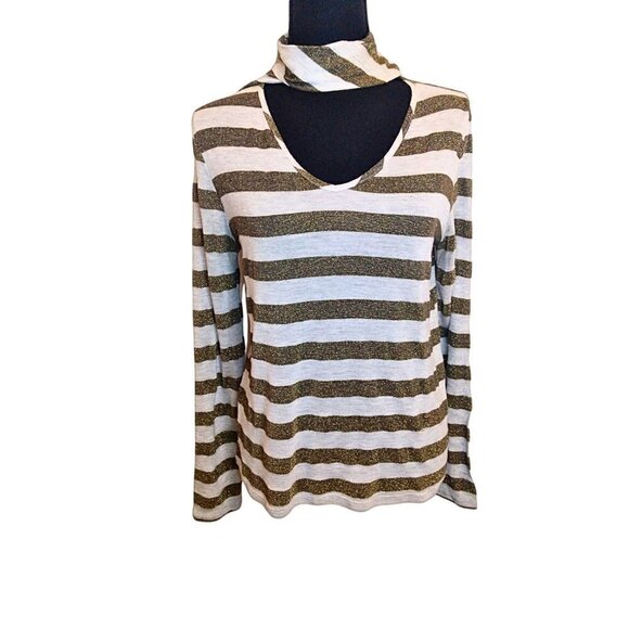 FOREVER 21 GOLD AND CREAM STRIPE BLOUSE WITH WRAP COLLAR - SIZE S - Picture 1 of 4